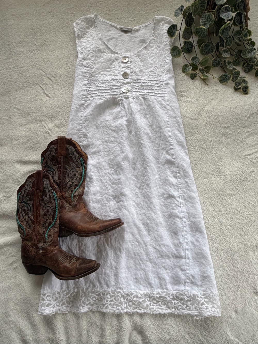 White 100% Linen Midi Dress with Embroidered Trim